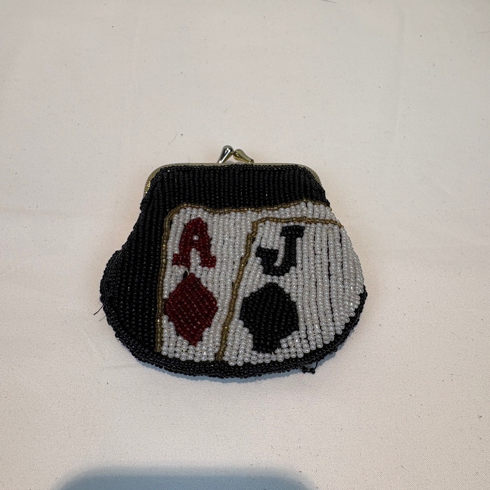 Vintage Beaded Coin Purse Playing Cards Ace of Diamonds Jack Spades Kiss Lock